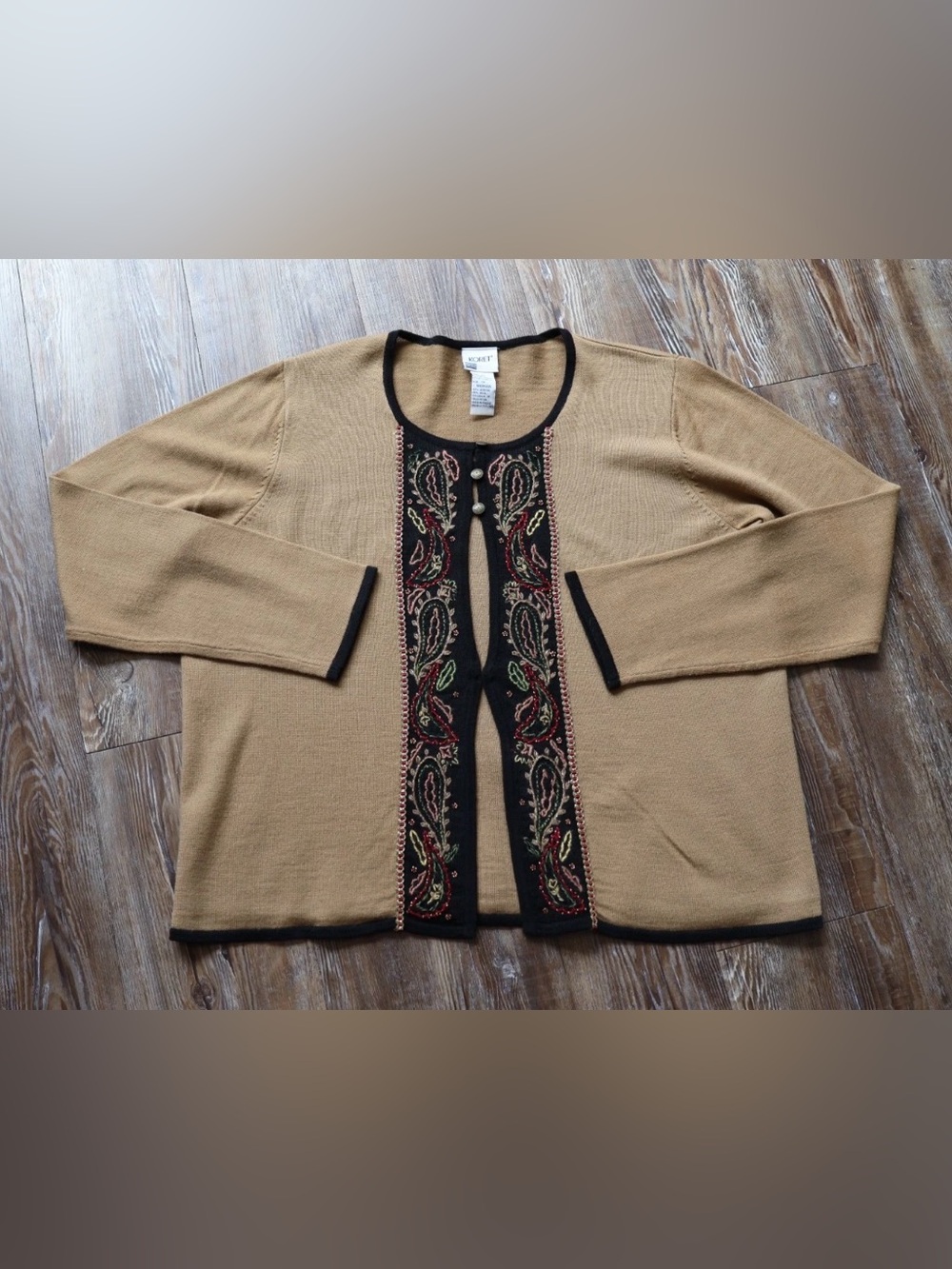 Vintage Paisley Embroidered Beaded Cardigan Boho Tan Black Womens 1X